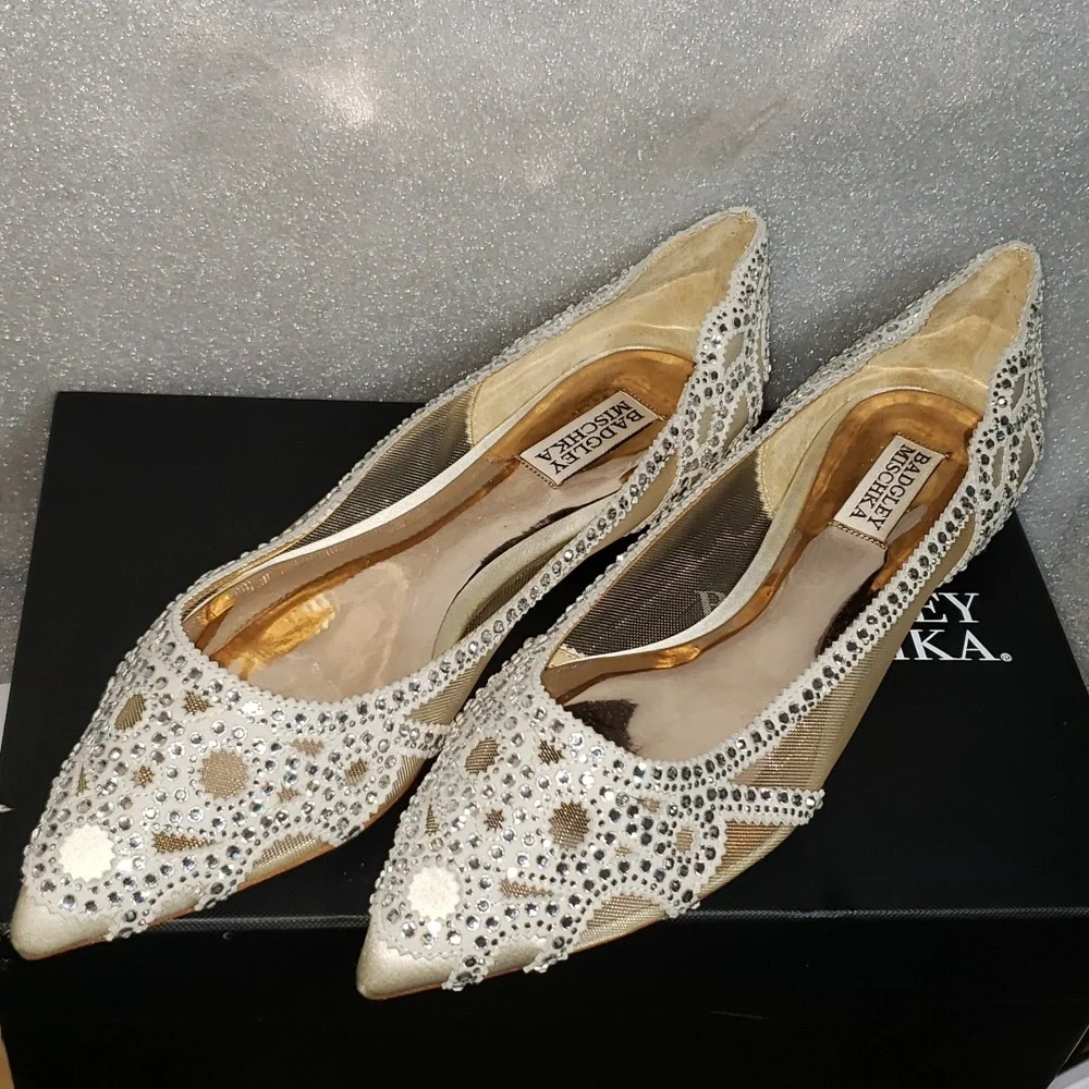 New Badgley Mishka Gigi Pointed Toe Crystal Evening Flats Size 9.5M Ivory - Picture 6 of 10